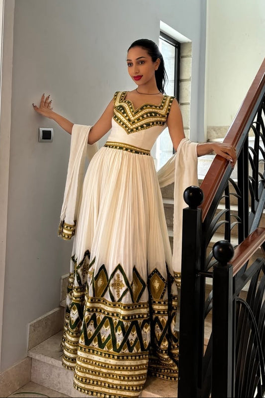 Festive Wear Ethiopian Traditional Dress Gold Embroidery Habesha dress Sleeveless Habesha Kemis 0031