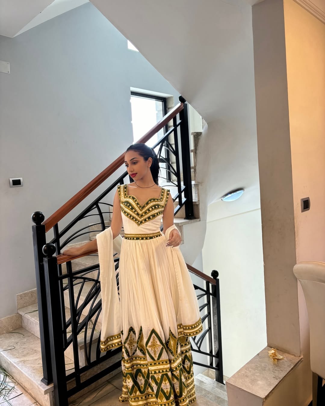 White Anarkali Gown with Green & Gold Embroidery – Festive Wear

