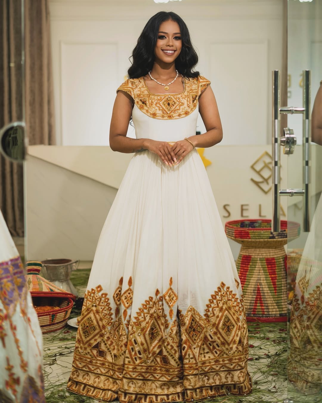 Traditional Ethiopian Habesha Kemis with Golden Tibeb Embroidery

