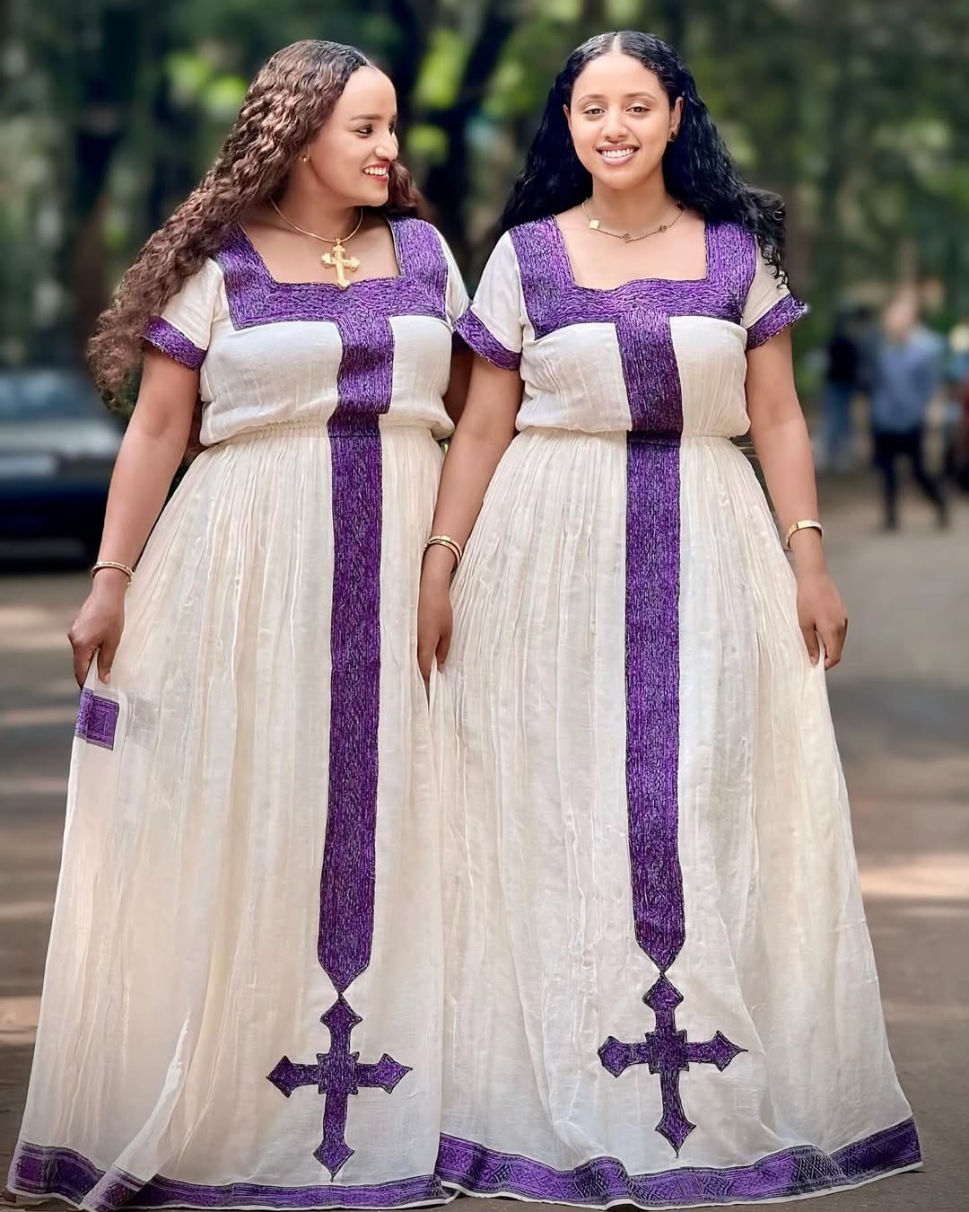 Matching Ethiopian Habesha Dresses with Purple Cross Embroidery – Traditional Religious Wear