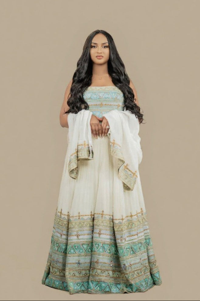 Ethiopian Habesha Kemis – Green and Gold Tibeb Traditional Dress