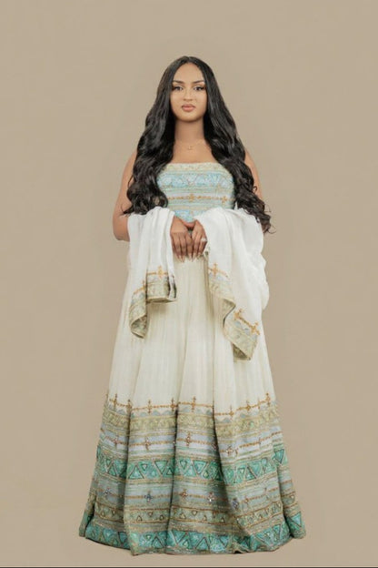 Ethiopian Habesha Kemis – Green and Gold Tibeb Traditional Dress