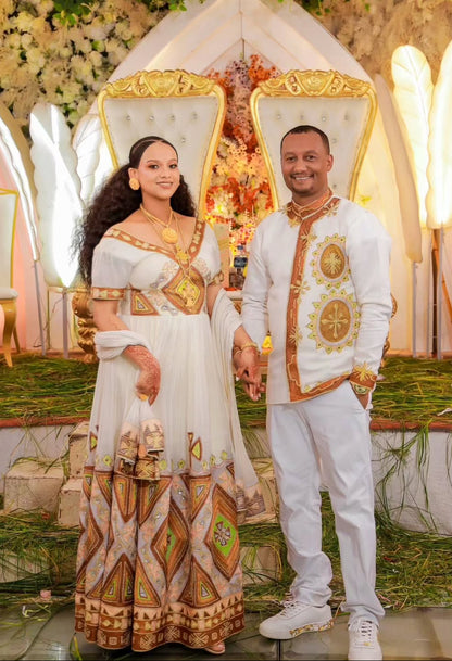Ethiopian Wedding Couple Outfit – Traditional Habesha Kemis & Men’s Suit