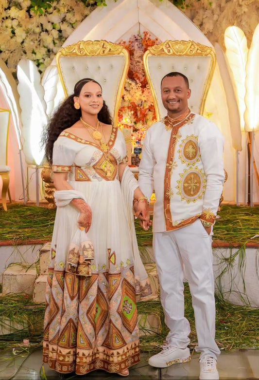 Ethiopian Wedding Couple Outfit – Traditional Habesha Kemis & Men’s Suit