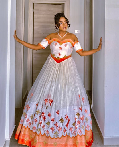 Off-Shoulder Habesha Kemis – Ethiopian Traditional Dress with Orange & Gold Embroidery