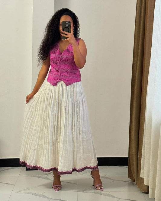 Modern Habesha Set – White Traditional Skirt & Pink Tibeb Vest