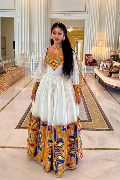 Majestic Habesha Kemis Traditional Ethiopian Dress Bold Geometric Tibeb Habesha Dress 0048