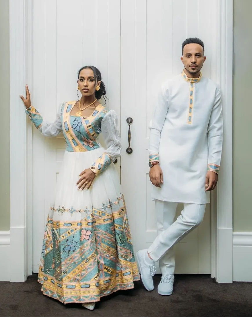 Ethiopian Couple's Traditional Set – Embroidered Habesha Kemis & Formal Men's Attire