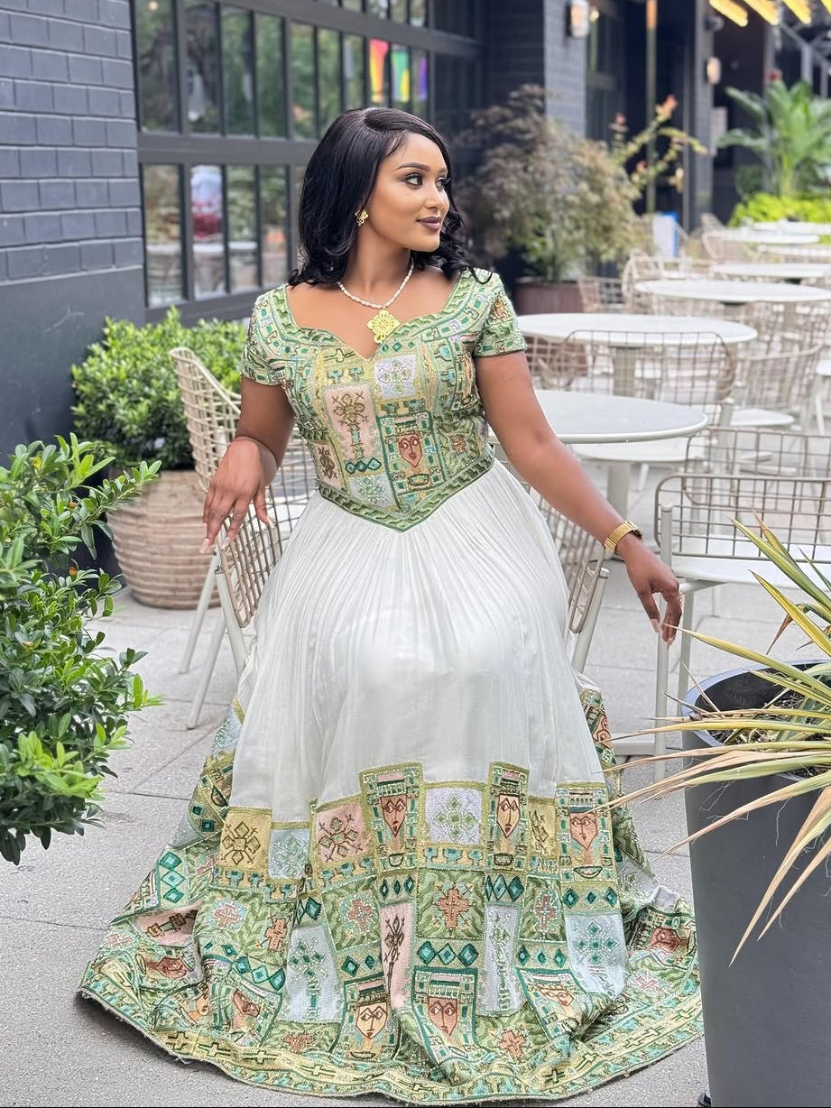 Green Detailed Design Habesha Kemis Colorful Embroidery Ethiopian Dress Luxurious Habesha Dress For Wedding 0052