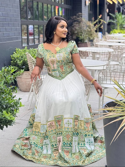 Green Detailed Design Habesha Kemis Colorful Embroidery Ethiopian Dress Luxurious Habesha Dress For Wedding 0052