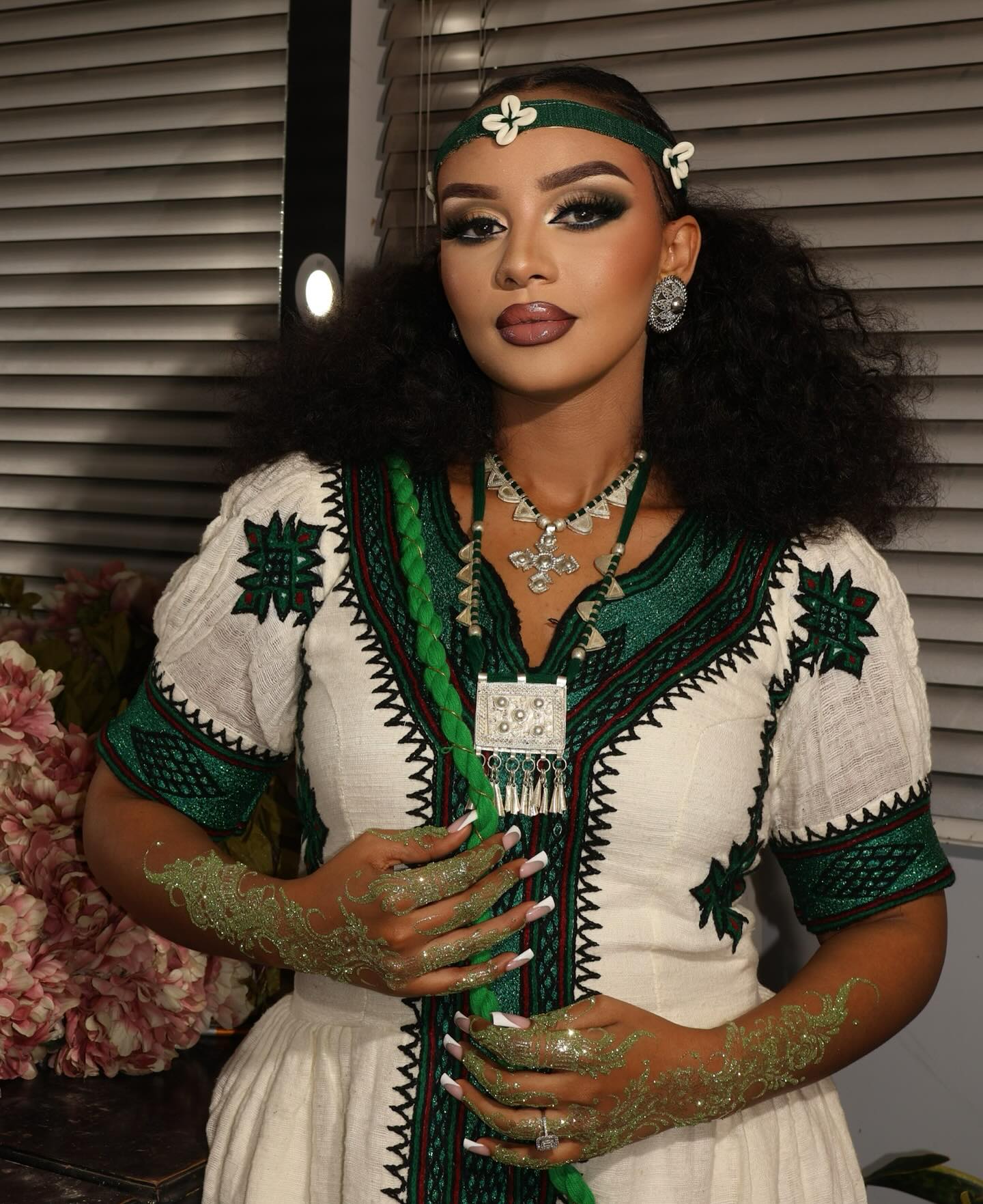 Stunning White & Green Traditional Ethiopian Dress  Hand-Embroidered Habesha Kemis Authentic Habesha Dress For Special Events 0062