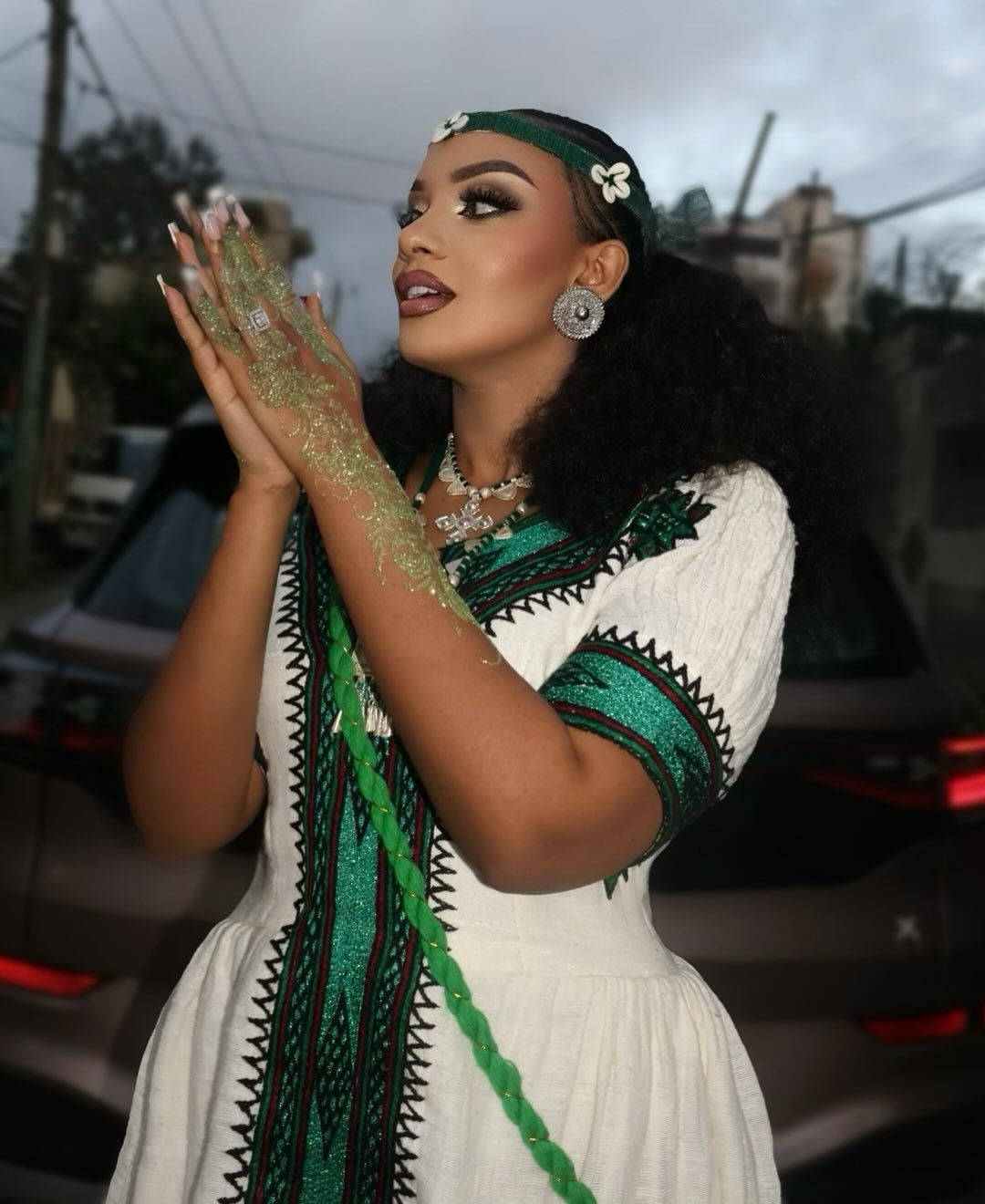 Stunning White & Green Traditional Ethiopian Dress  Hand-Embroidered Habesha Kemis Authentic Habesha Dress For Special Events 0062