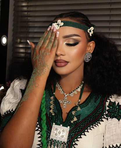 Stunning White & Green Traditional Ethiopian Dress  Hand-Embroidered Habesha Kemis Authentic Habesha Dress For Special Events 0062