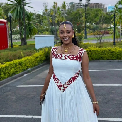 Graceful White & Red Habesha Kemis Traditional Ethiopian Women’s Dress Sleeveless Habesha Dress 0072