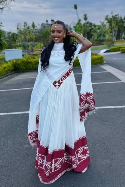 Traditional Ethiopian Habesha Kemis with Red Tibeb Embroidery