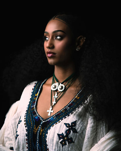 Royal Ethiopian Traditional Dress With Real Silver Molten White Habesha Kemis with Teal & Black Tibeb Handwoven Habesha Dress 0074