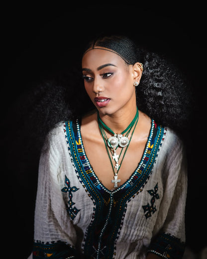 Royal Ethiopian Traditional Dress With Real Silver Molten White Habesha Kemis with Teal & Black Tibeb Handwoven Habesha Dress 0074