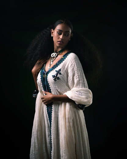 Royal Ethiopian Traditional Dress With Real Silver Molten White Habesha Kemis with Teal & Black Tibeb Handwoven Habesha Dress 0074