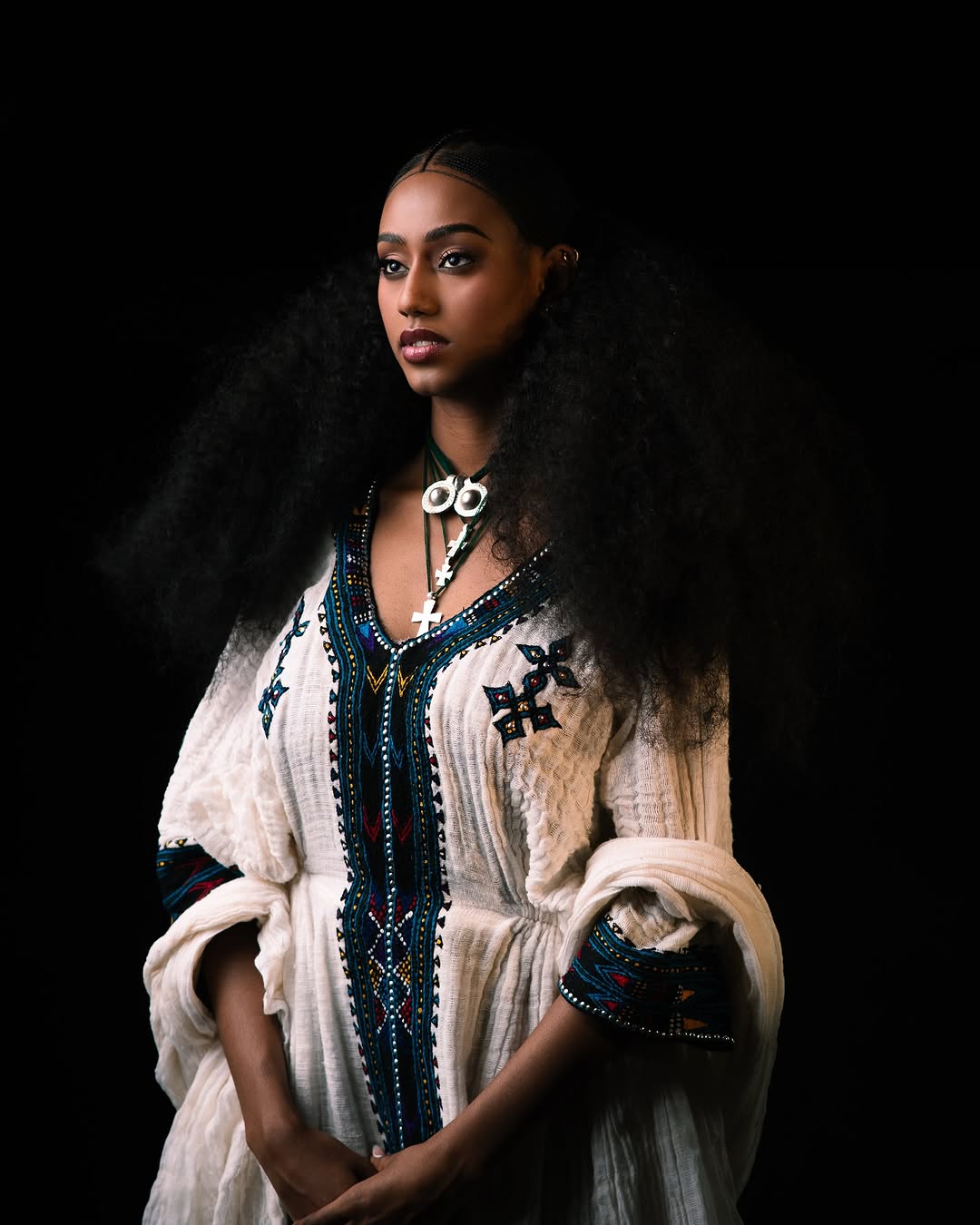 Royal Ethiopian Traditional Dress With Real Silver Molten White Habesha Kemis with Teal & Black Tibeb Handwoven Habesha Dress 0074