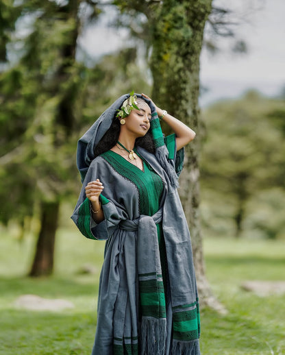 Green and Grey Habesha Kemis Handwoven Ethiopian Traditional Dress Habesha Dress for Special Events 0077