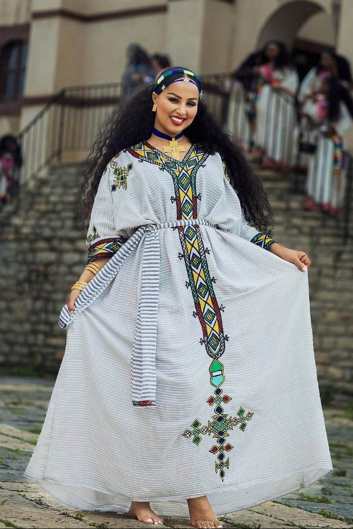 Classic Ethiopian Habesha Kemis with Handwoven Tibeb Embroidery