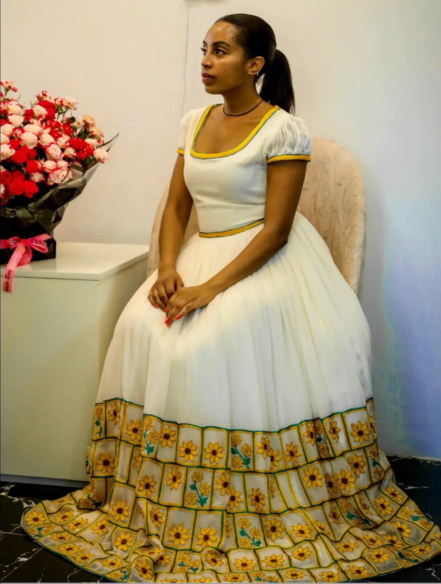 Habesha Kemis with Yellow Flower Embroidery – Modern Ethiopian Traditional Dress