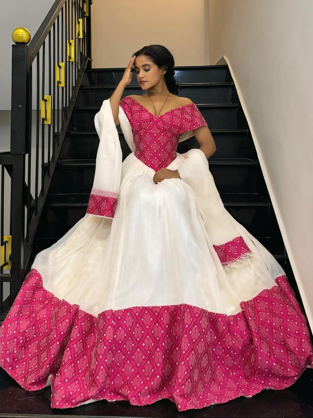 Off-Shoulder Habesha Dress with Red Hem V-Neckline Habesha Kemis  Ethiopian Traditional Dress 769