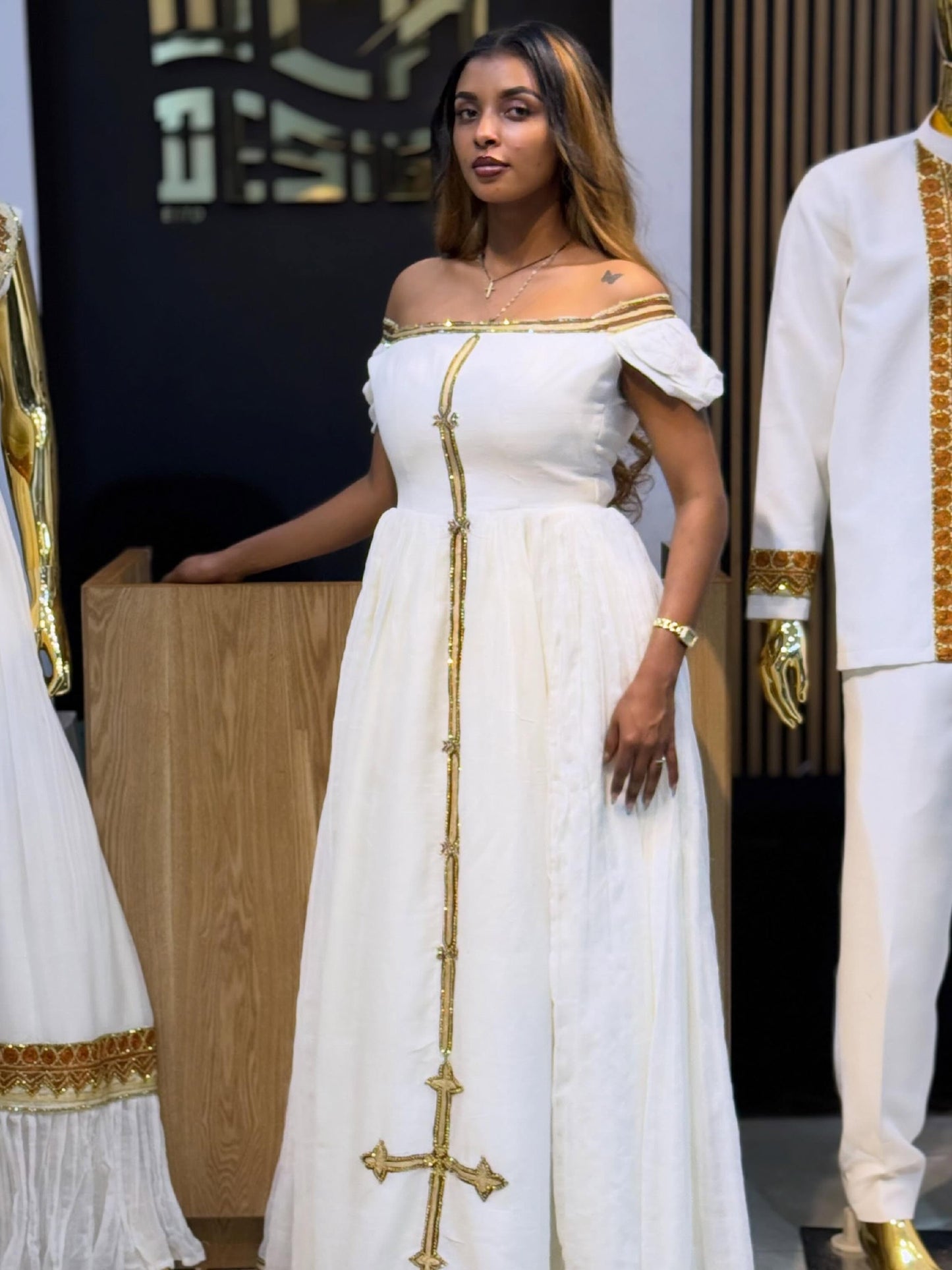 Luxury Habesha Dress Golden Detail Ethiopian Clothing Off-Shoulder Habesha Kemis Style 780