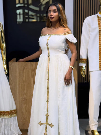 Luxury Habesha Dress Golden Detail Ethiopian Clothing Off-Shoulder Habesha Kemis Style 780