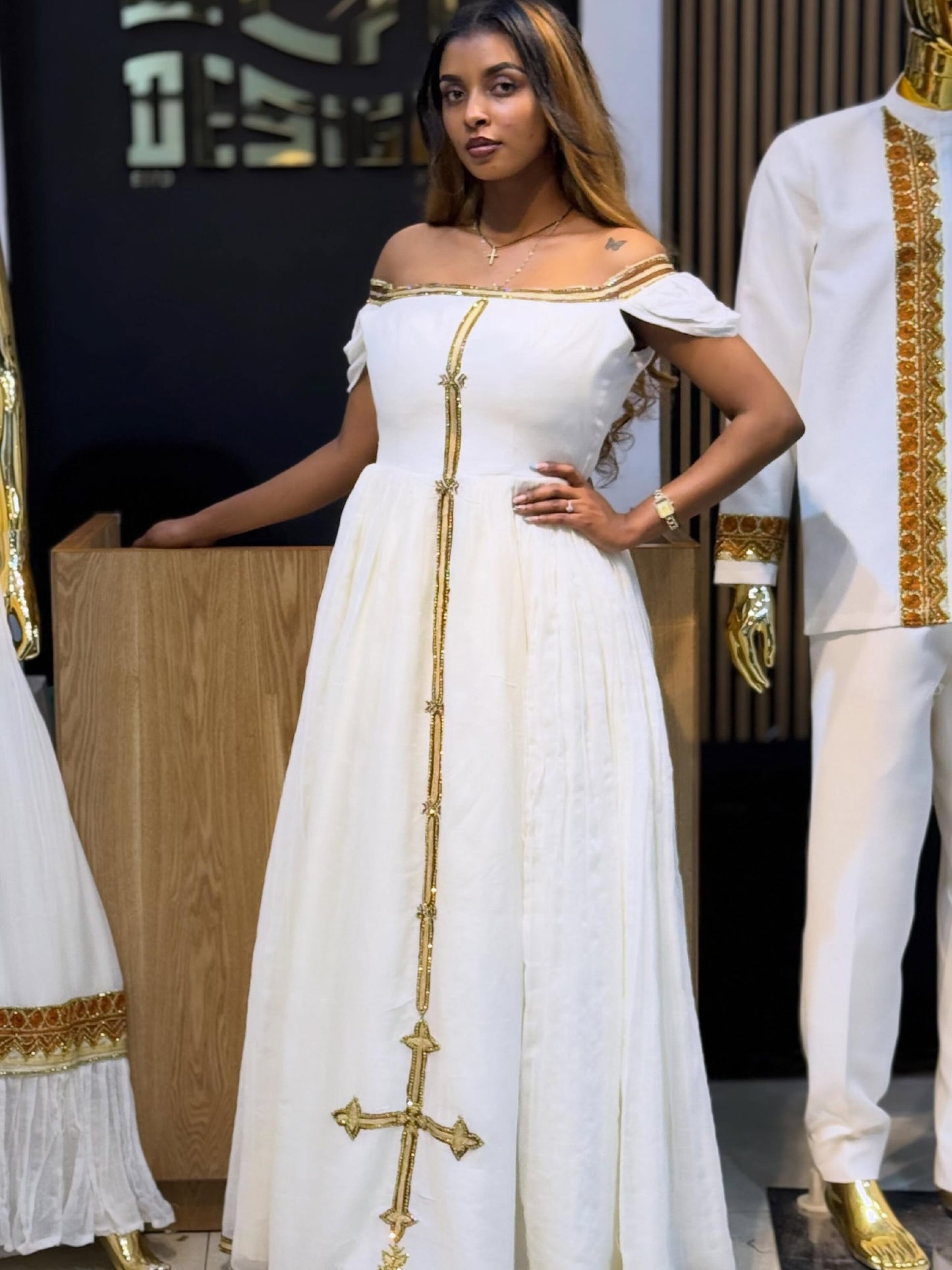 Luxury Habesha Dress Golden Detail Ethiopian Clothing Off-Shoulder Habesha Kemis Style 780