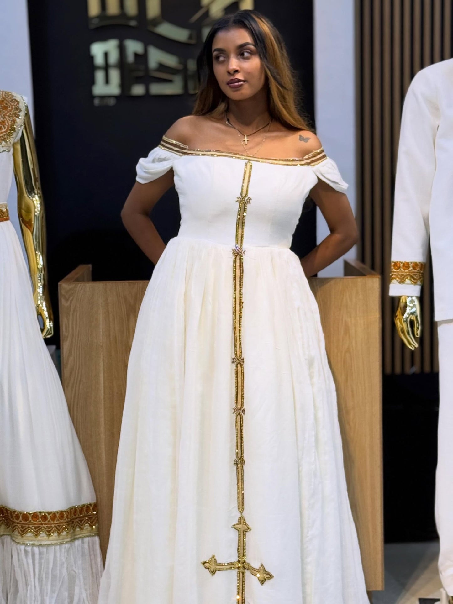 Luxury Habesha Dress Golden Detail Ethiopian Clothing Off-Shoulder Habesha Kemis Style 780