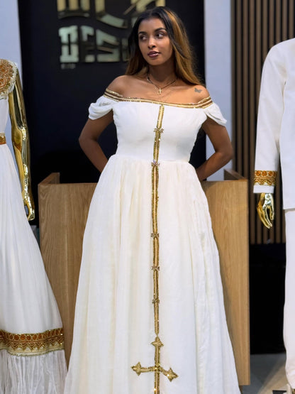 Luxury Habesha Dress Golden Detail Ethiopian Clothing Off-Shoulder Habesha Kemis Style 780