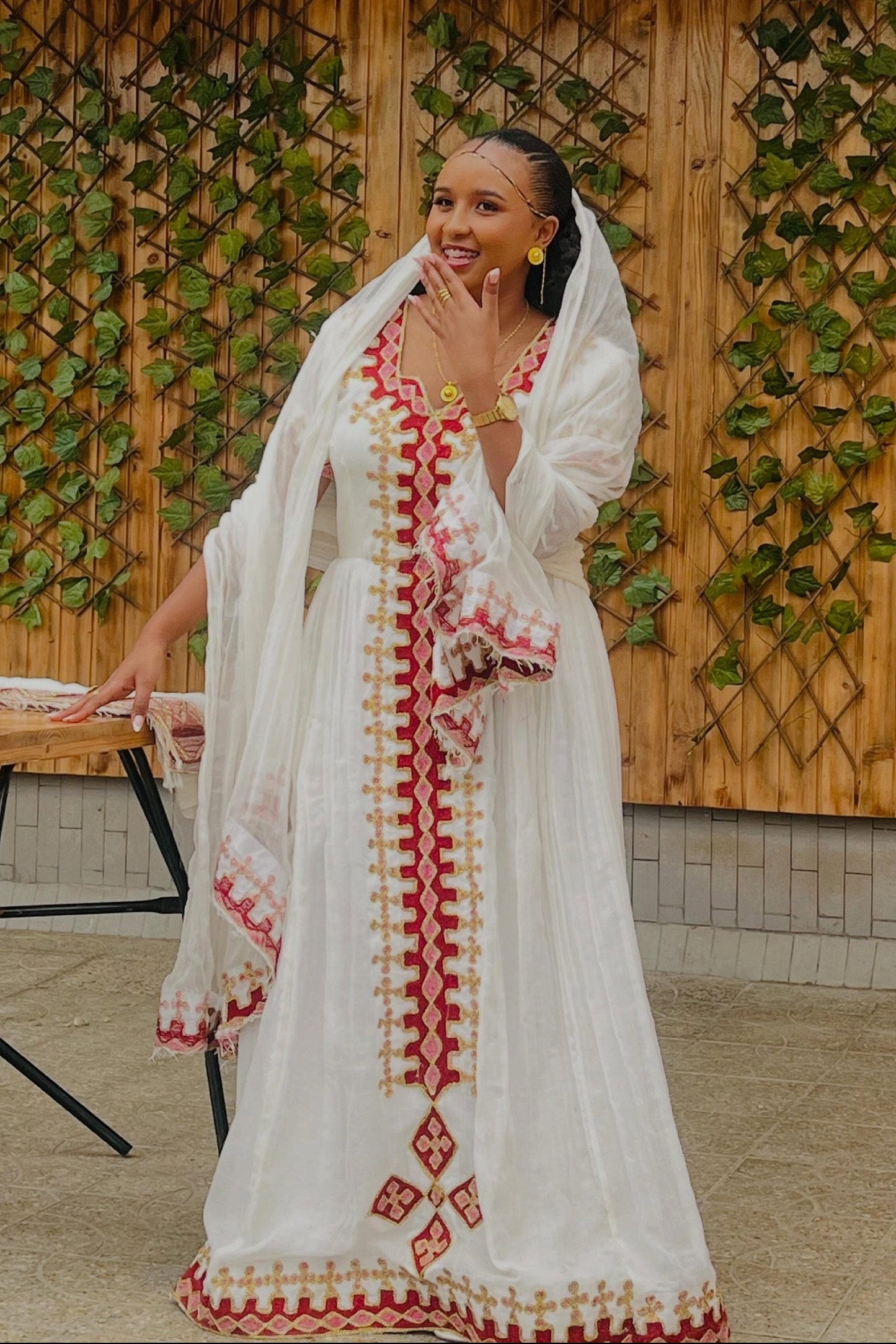 Traditional Habesha Kemis with Red Embroidery Elegant Ethiopian Cultural Dress
