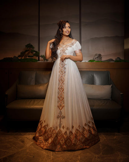 Traditional Ethiopian Dress Graceful White Habesha Dress Rose Gold Embellished Design Habesha Kemis 801