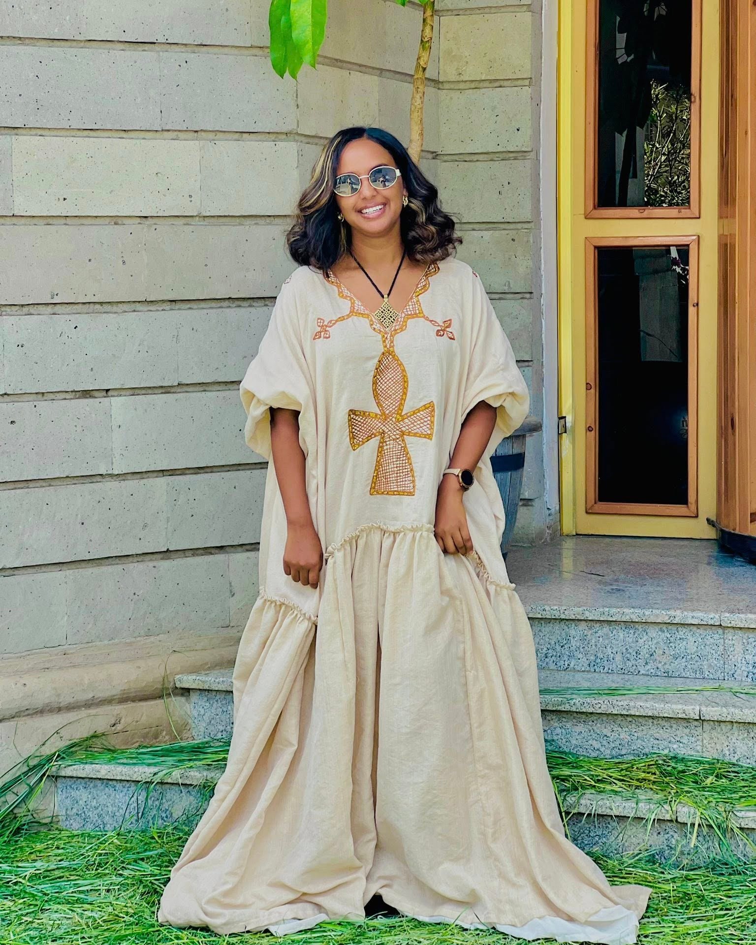 Traditional Ethiopian Dress | Timeless Beige Habesha Dress with Gold Cultural Detailing