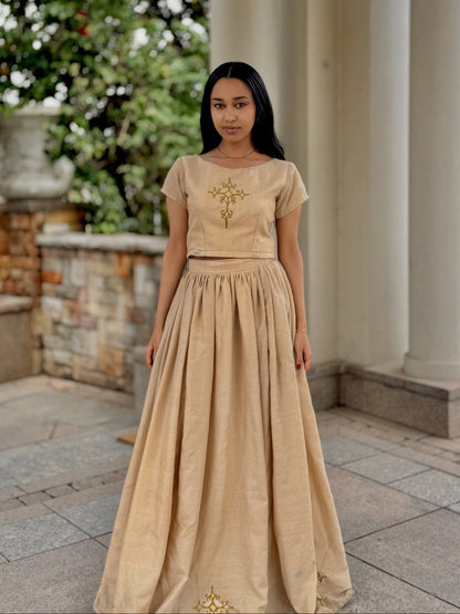 Majestic Beige Habesha Kemis Sacred Cross Motif Habesha Dress and Short Sleeve Ethiopian Clothing 807