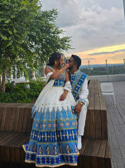 Matching Habesha Couple Set Blue Embroidered Ethiopian Cultural Clothing Traditional Wear 808