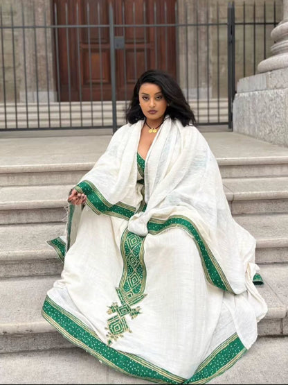 Graceful Habesha Dress V-Neck Habesha Kemis Emerald Woven Details and Heritage Ethiopian dress 813