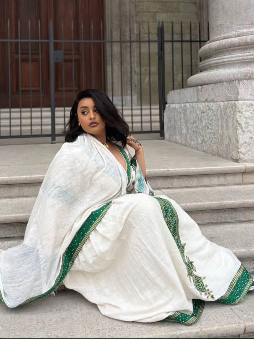 Graceful Habesha Dress V-Neck Habesha Kemis Emerald Woven Details and Heritage Ethiopian dress 813