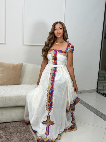 Radiant Cross Embroidery Habesha Dress Colorful Ethiopian Traditional Dress Short Sleeve Habesha Kemis 822