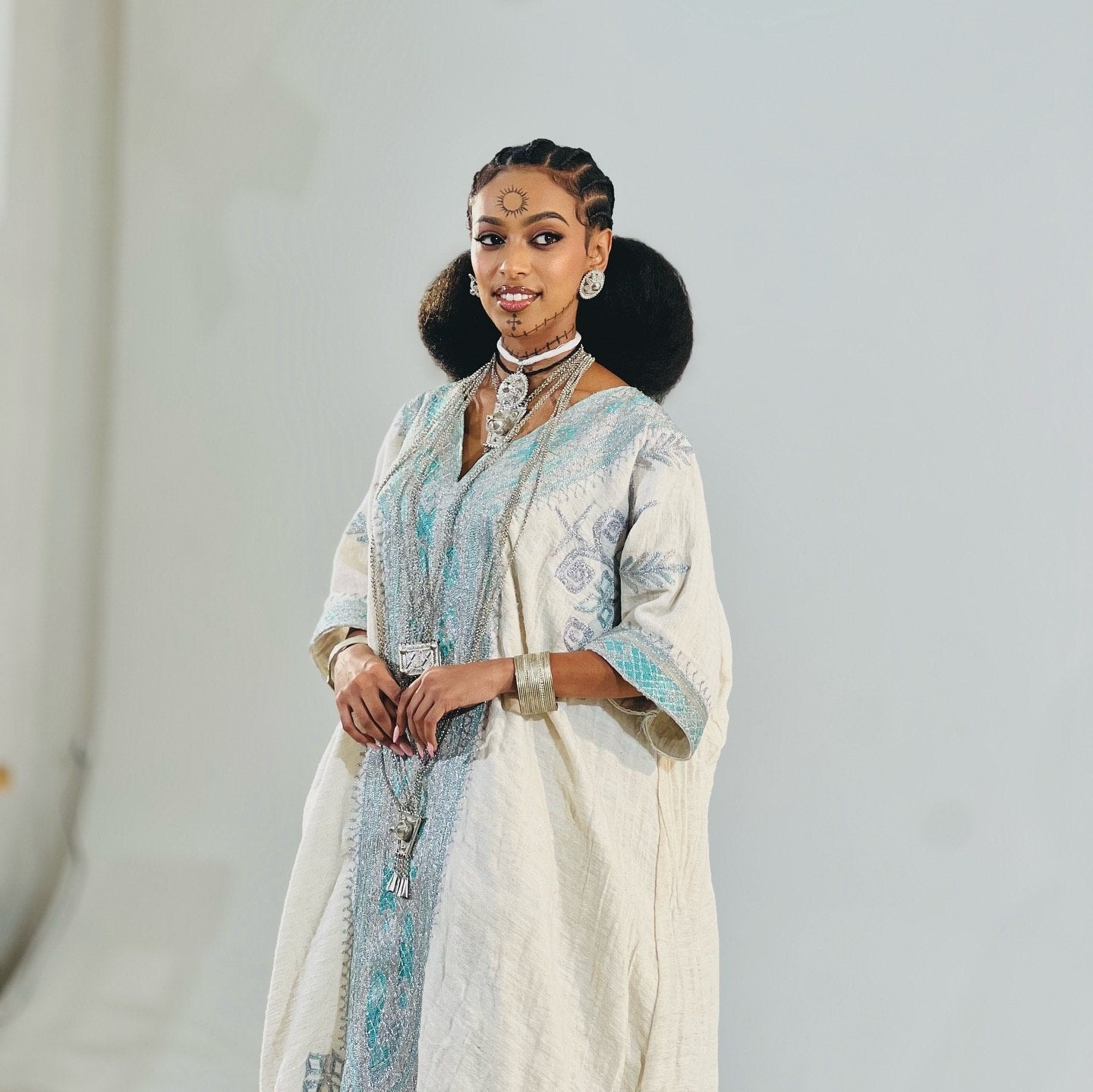 Silver and Blue Sky Embroidery Habesha Dress Elegant Ethiopian Traditional Dress