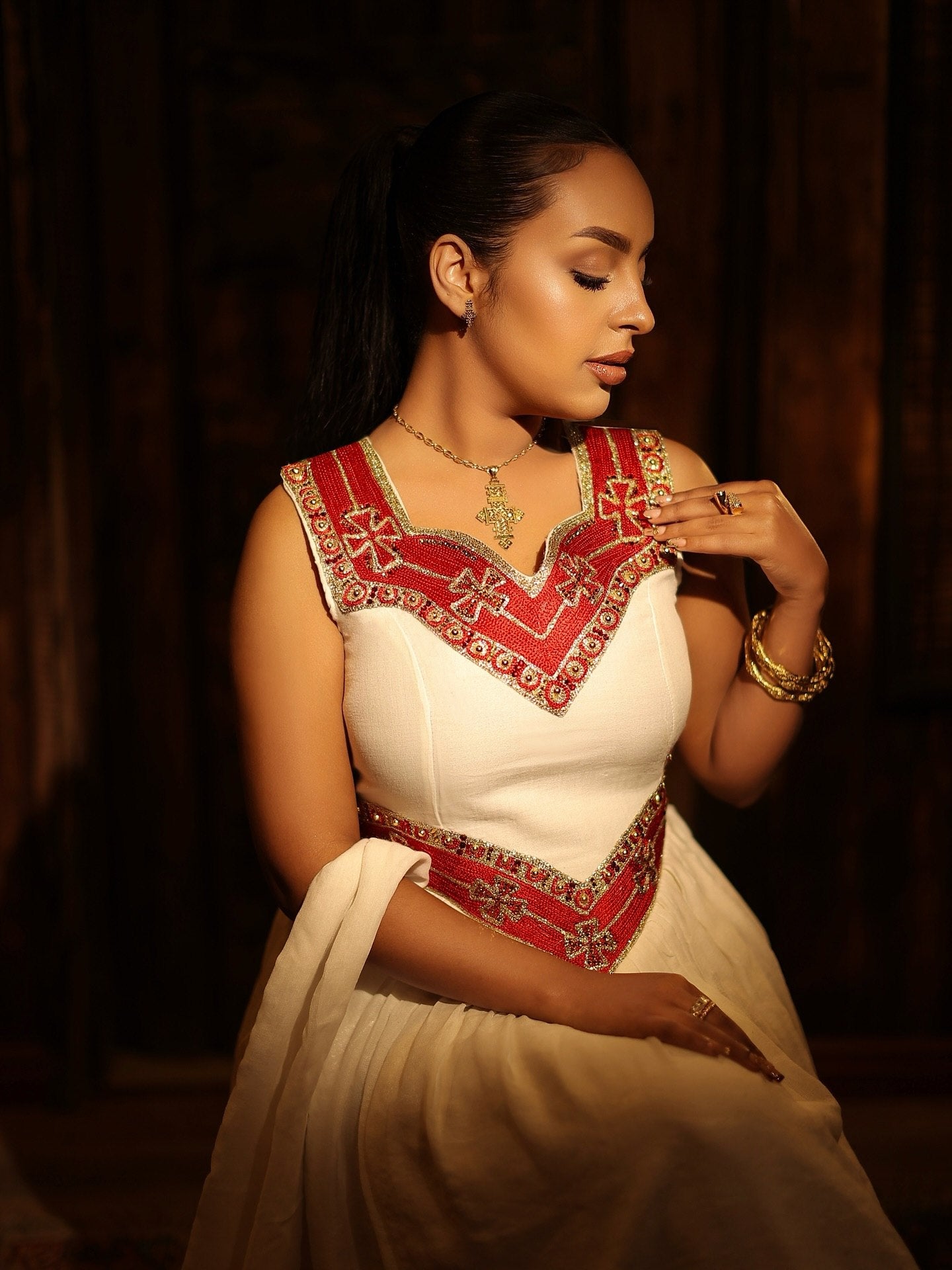 Red and Golden Embroidery Habesha Dress Sleeveless Ethiopian Traditional Clothing  Luxurious Habesha Kemis 826