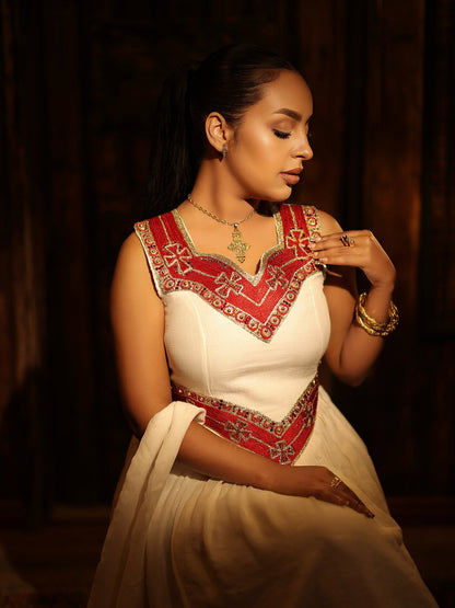Red and Golden Embroidery Habesha Dress Sleeveless Ethiopian Traditional Clothing  Luxurious Habesha Kemis 826