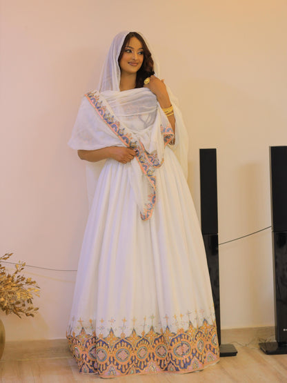 Elegant Ethiopian Wedding Dress Golden Blue Embroidery Habesha Kemis Regal Traditional Habesha Dress 827