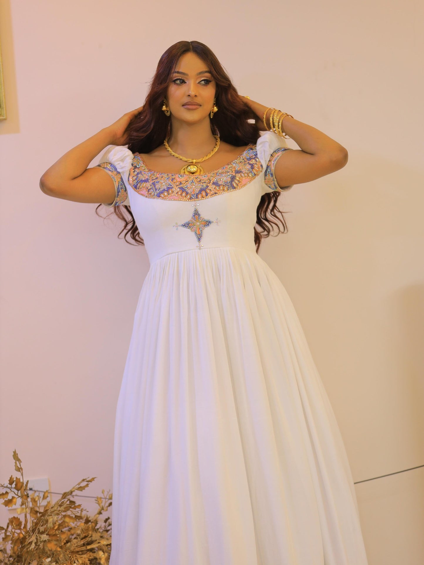 Elegant Ethiopian Wedding Dress Golden Blue Embroidery Habesha Kemis Regal Traditional Habesha Dress 827