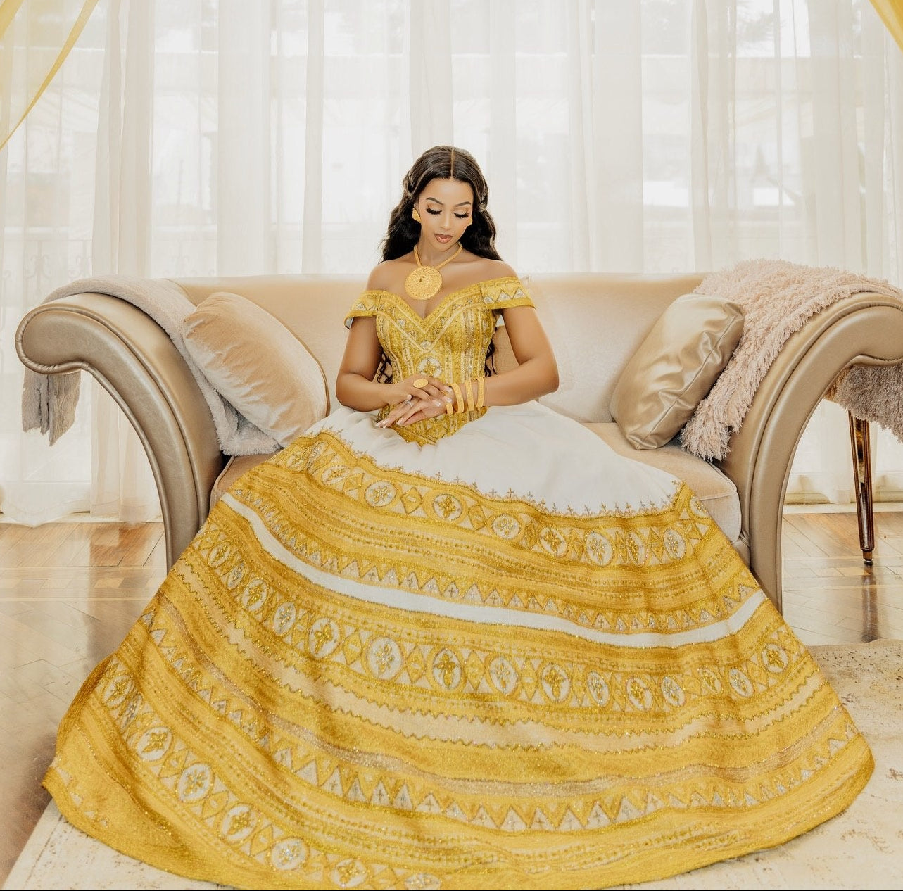 Radiant Golden and Yellow Habesha Dress Graceful Off-Shoulder Habesha Kemis for Ethiopian Wedding 852