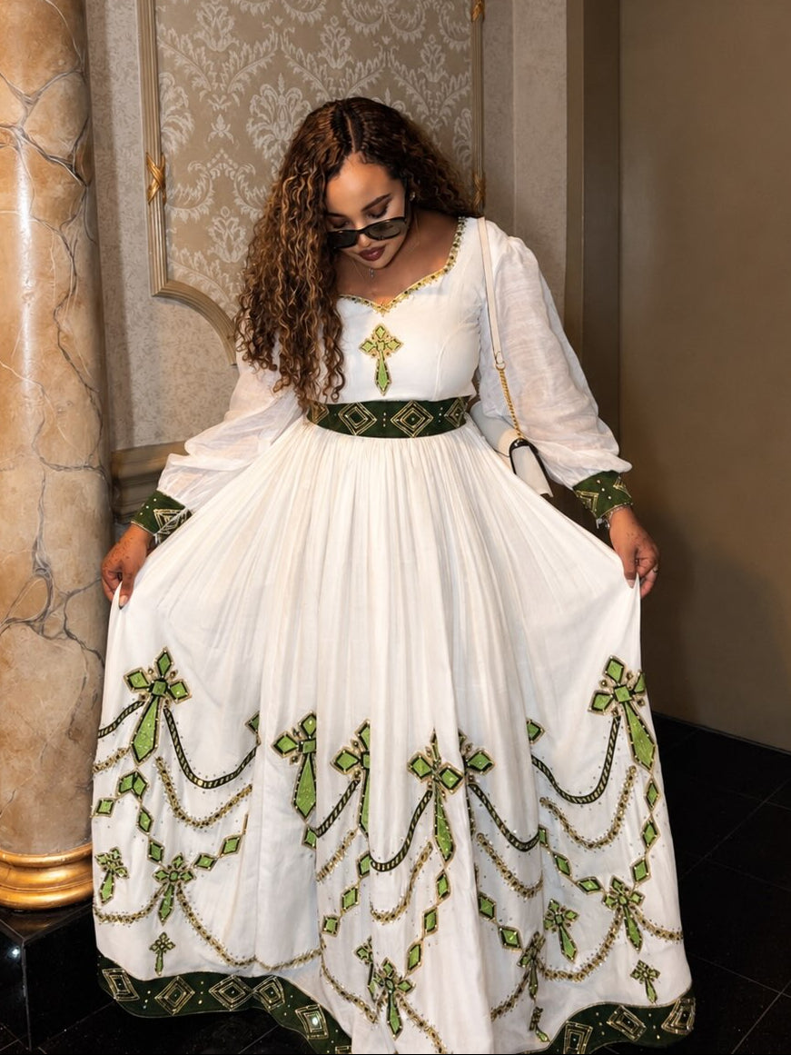 Green and Black Embroidered Habesha Dress Long Sleeve Habesha Kemis