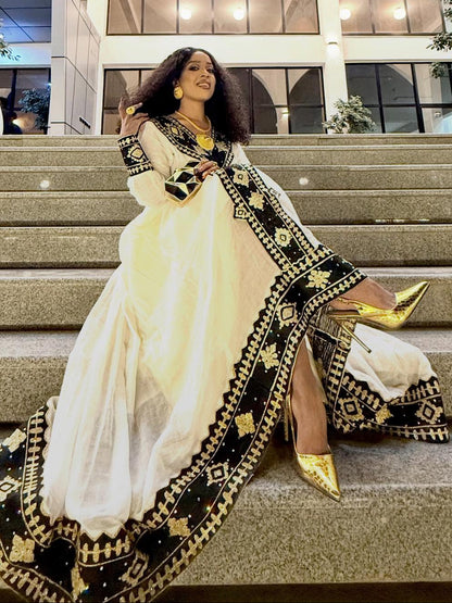 Majestic Black and Gold Embroidered Habesha Dress Regal Ethiopian Clothing Timeless Habesha Kemis 862