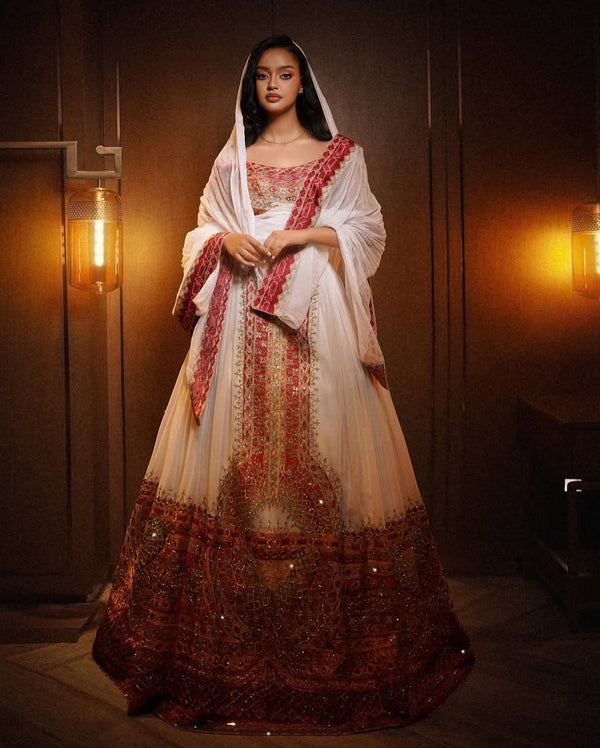 Regal Off-Shoulder Ethiopian Wedding Dress with Gold & Red Handwoven Habesha Kemis For Wedding 923