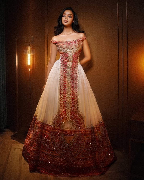 Off-Shoulder Ethiopian Wedding Dress Gold & Red Habesha Traditional Dress
